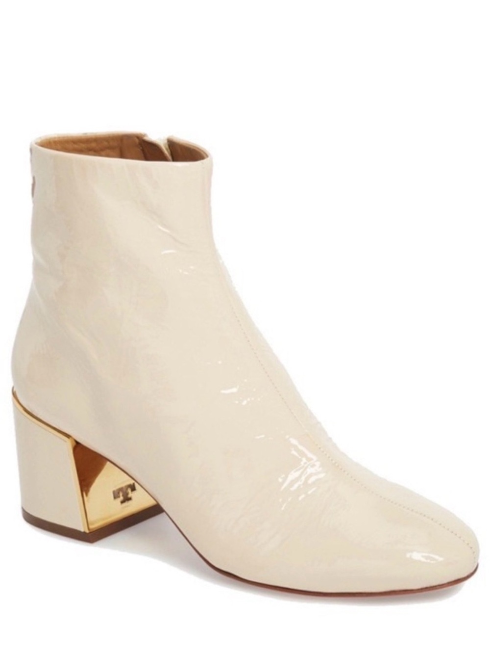 Tory Burch Juliana Beige Patent Leather Block Heel Ankle Boots